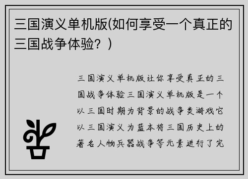 三国演义单机版(如何享受一个真正的三国战争体验？)